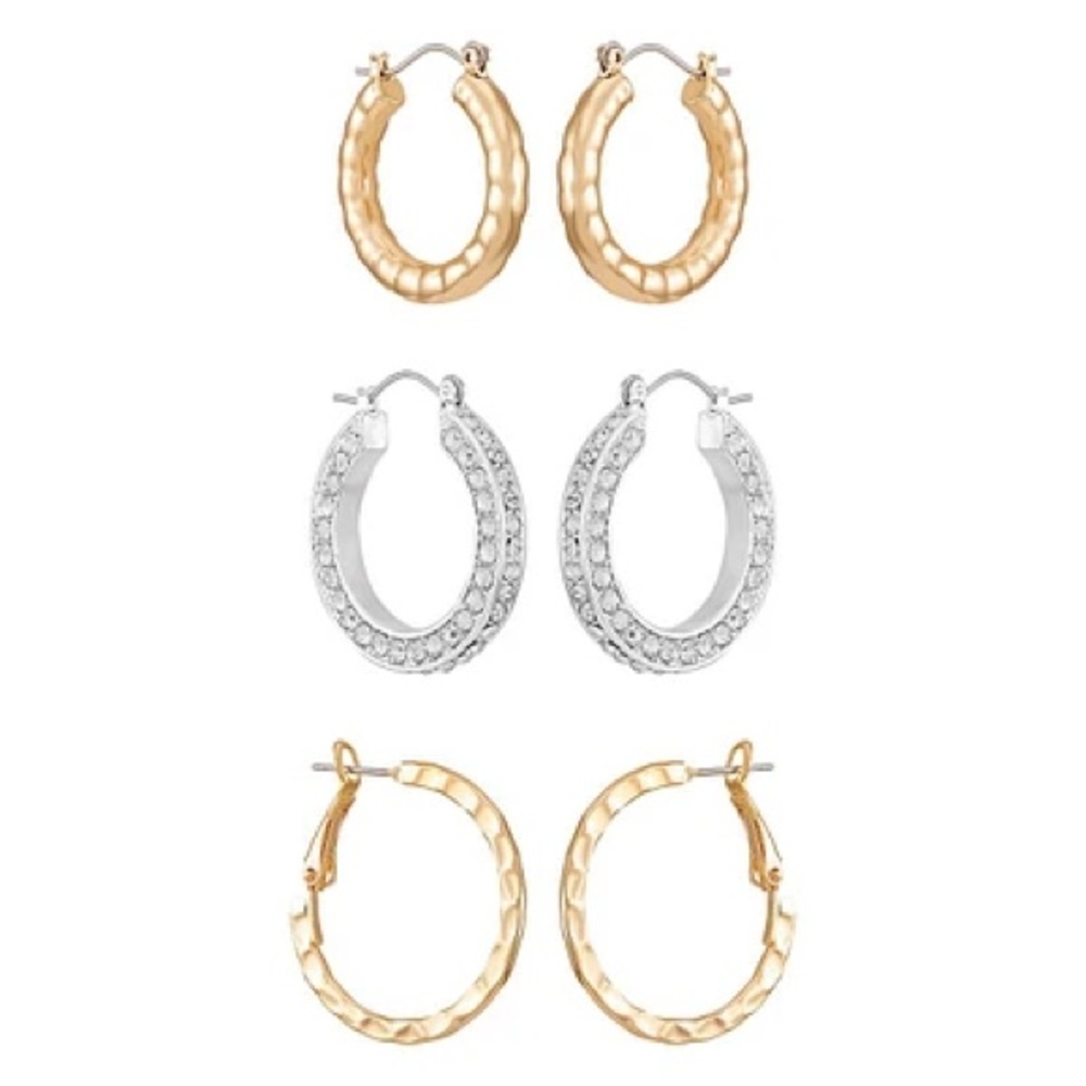 Two-Tone & Glass Crystal 3-Pair Hoop Earring Set